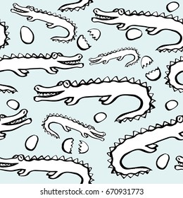 Seamless pattern with a crocodile, painted by brush and hand. Vector illustration. Reptile, crocodile, alligator, eggs, birth. Characters for a fairy tale, cartoon, design.