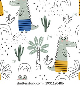 Seamless pattern with crocodile, palm trees and cacti on a white background. Vector illustration for printing on packaging paper, fabric, postcard, clothing. Cute children's background