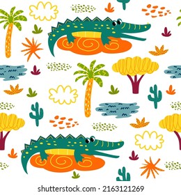 seamless pattern with crocodile and plants in a childish cartoon style. vector illustration. for children's textiles and decoration