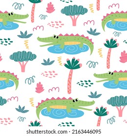 seamless pattern with crocodile and plants in a childish cartoon style. vector illustration. for children's textiles and decoration