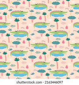 seamless pattern with crocodile and plants in a childish cartoon style. vector illustration. for children's textiles and decoration