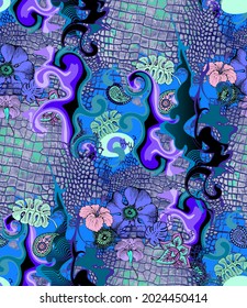 Seamless pattern. Crocodile skin texture, flowers and abstract shapes. Blue colors