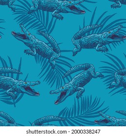 Seamless pattern of a crocodile and tropical leaf background elements.