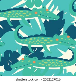 Seamless pattern with crocodile and tropical leaf. Cute crocodile character design and cute elements print.Design for fashion fabrics, textile graphics, print