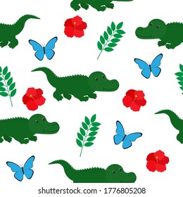 Seamless pattern Crocodile tropical leaves and flowers butterfly vector illustration