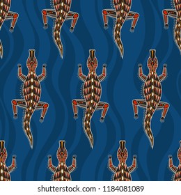 Seamless Pattern Of Crocodiles With Abstract Waves On Background. Australian Art. Aboriginal Painting Style. Vector Color Background.