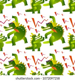 Seamless pattern crocodiles clash. Animals in a stress, one mammal is protected from the psychological attack of the relative. Colorful hand drawn vector stock illustration.