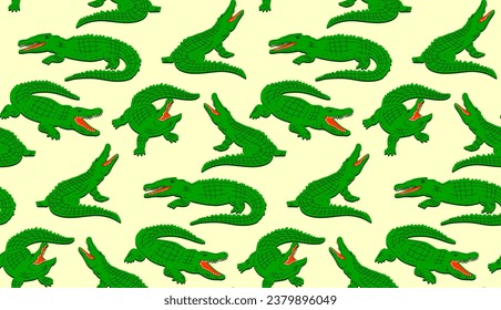 Seamless Pattern with crocodiles in flat style. Vector background of hand drawn alligators in retro style. Minimalism.