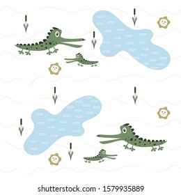 
Seamless pattern with crocodiles and flowers. Cute drawing for kids.