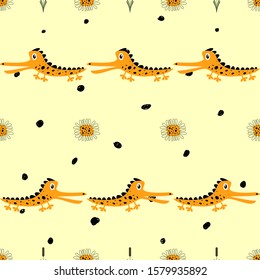 
Seamless pattern with crocodiles and flowers. Cute drawing for kids.