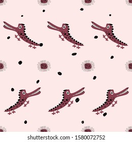 Seamless pattern with crocodiles and flowers. Cute drawing for kids.