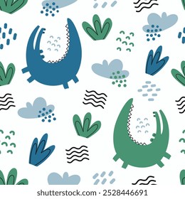 Padrão contínuo com crocodilos, folhas, nuvens e elementos abstratos. Ilustração infantil engraçada com jacarés. Design para roupas de bebê, bloco de notas, tecido e cartões de felicitações.