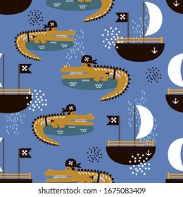 Seamless pattern, crocodiles - pirates, boats, hand drawn overlapping backdrop. Colorful background vector, reptiles. Cute illustration. Decorative wallpaper, good for printing