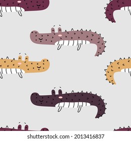 Seamless pattern with crocodiles in the Scandinavian style of different colors for children's print