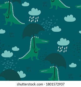 Seamless pattern, crocodiles with umbrellas, hand drawn overlapping backdrop. Colorful background vector. Illustration with animals, sky. Decorative wallpaper, good for printing