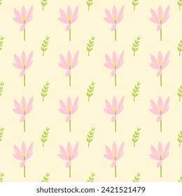 A seamless pattern of crocus and tree branches and leaves in a spring minimal shape floral concept, Vector