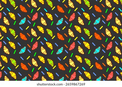 Padrão contínuo com croissants coloridos desenhados à mão em vermelho, amarelo, verde, azul e laranja, combinado com elementos de polvilho correspondentes. 