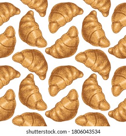 Seamless Pattern with Croissant. Bakery product. For printing wrapping paper, packaging, fabric. Vintage style design. Hand Drawn vector illustration.