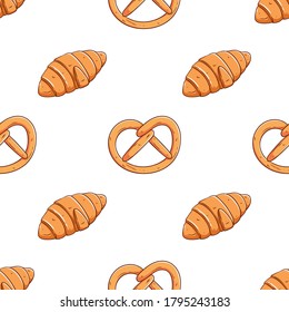 seamless pattern of croissant bread with colored hand drawn style