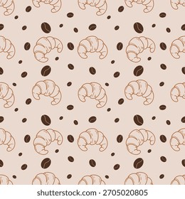 Patrón sin fisuras con croissant y grano de café. Fondo lindo de la panadería para el empaquetado, los cafés, los textiles, y la marca.