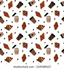 seamless pattern of croissant coffee cups and coffee beans in a flat style isolated on a white background. For wrapping paper, wallpaper, screensavers