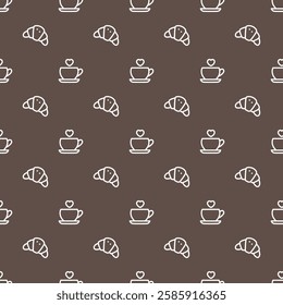 Seamless pattern with croissant and coffee mug. Cafe contour elements. Texture pattern, Wallpaper template. flat vector illustration