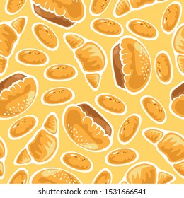 Seamless pattern with croissant, cookies and bun. Baked goods. Design element for fabric, wallpaper, wrapping paper. Vector illustration.