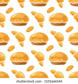 Seamless pattern with croissant, cookies and bun. Baked goods. Design element for fabric, wallpaper, wrapping paper. Vector illustration.