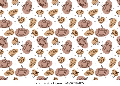 Seamless pattern with Croissant, cupcake, Hot Drink. Doodle sketch on white background. Baked dessert and hot drink cup. Repeated Food Vector background for wallpaper, wrapping, textile, scrapbooking