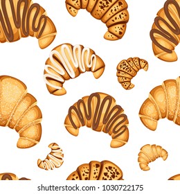 Seamless pattern of croissant with different fillings cream chocolate and sesame on top vector illustration on white background.