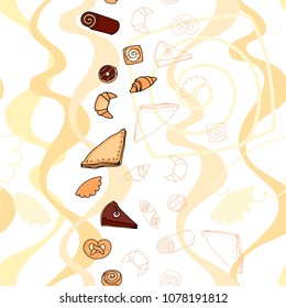 seamless pattern with croissant donuts and other elements on the subject of baking