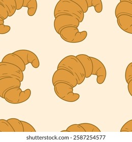 Seamless pattern with croissant. Hand drawn croissant on beige background. For bakery or dessert-themed packaging, Fabric for aprons, tablecloths, or kitchen decor. 