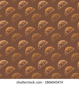 Nahtlose Muster mit Croissant einzeln auf braunem Hintergrund. Backwaren. Zum Bedrucken von Papier, Verpackung, Stoff. Vintage-Design. Handgezeichnete Vektorgrafik.