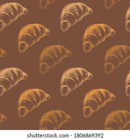 Seamless Pattern with Croissant isolated on brown background. Bakery product. For printing wrapping paper, packaging, fabric. Vintage style design. Hand Drawn vector illustrations.