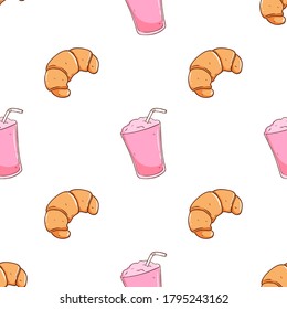 seamless pattern croissant and milkshake with colorful sketchy style