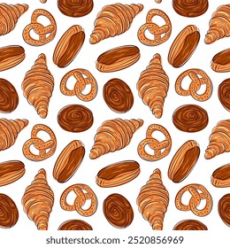 Nahtloses Muster mit Croissant, Brezel, Eclair, Zimtrolle. Design für Bäckereien, Hintergründe, Verpackungen und Lebensmittelprojekte. Cartoon-Stil.