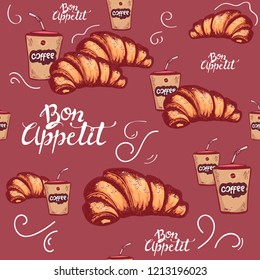 Seamless pattern of croissant with sesame on top a cup of coffee. bon appetit.vector illustration. vector background for bakery, coffee house, menu, wrapping paper, printing