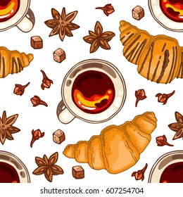 Seamless pattern with croissant, sugar, stars anise, cloves and cup of tea, vector illustration
