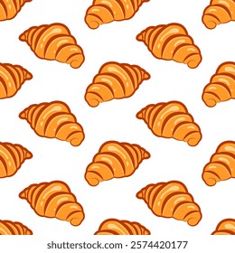 Seamless pattern with croissants. Background for cafe menu design, labels and packaging. Bakery and pastries, cookies, buns, French rolls, desserts, cakes. Tasty French Croissant colorful pattern