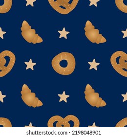 Seamless pattern of croissants, bagels, and pretzels