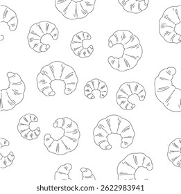 Seamless Pattern of Croissants in Black Outline Style, Minimalistic Aesthetic Design on White Background
