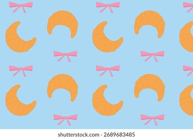 Seamless pattern with croissants and bows on a blue background. Vector illustration.