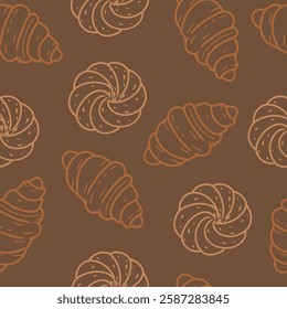 Seamless pattern with croissants and bun. Line art. Vector. Food pattern. For bakery branding, packaging, textiles, wallpaper, food packaging, cafe decor, menu backgrounds.