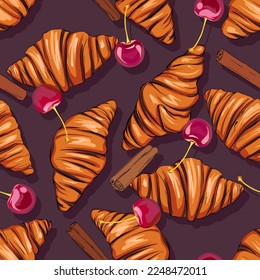 Seamless pattern croissants, cherries, cinnamon. delicious pastries