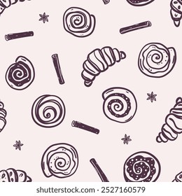 Seamless pattern of croissants, cinnamon rolls and spice on beige background. Cozy fall bakery and spice-infused pastry. Hand-drawn black line art. Vector design