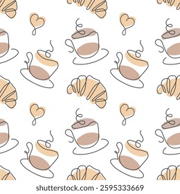 Seamless pattern, croissants, coffee cups and hearts. Black line with added color, vector