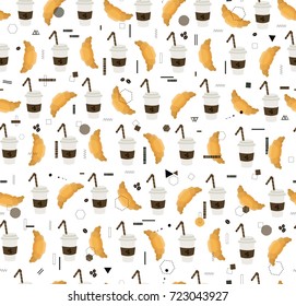 Seamless pattern with croissants and coffee cups.  All elements are  hidden under mask. Pattern are not cropped and can be edited. Cute vector illustration. Coffee to go and desserts. Cafe.