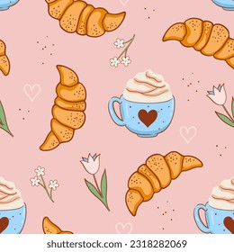 Seamless pattern with croissants, coffee and flowers. Vector graphics.