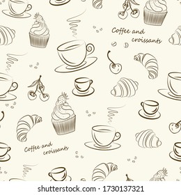Patrón inmaculado con croissants, pastelitos, tazas de café y té, bayas de cerezo.
Papel de reserva, embalaje de horneado. Fondo para el diseño gráfico de la cafetería, bistró, restaurante, etiqueta, embalaje.