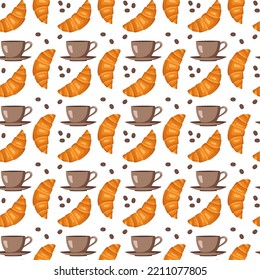Seamless pattern with croissants, cups, saucers and coffee beans. Cute print with pastries and drinks for cafe and restaurant menus, textiles, paper and design. Vector flat illustration